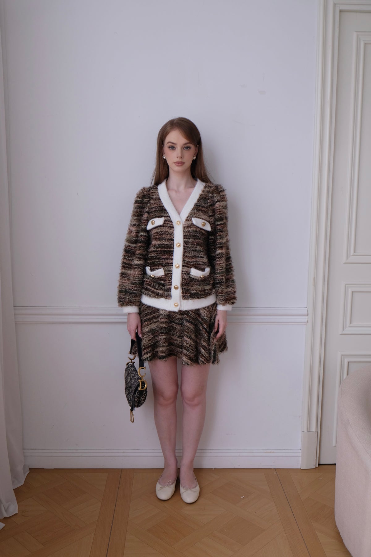Caroline Cardigan with Mini Circle Skirt Set in Pink with White Trim