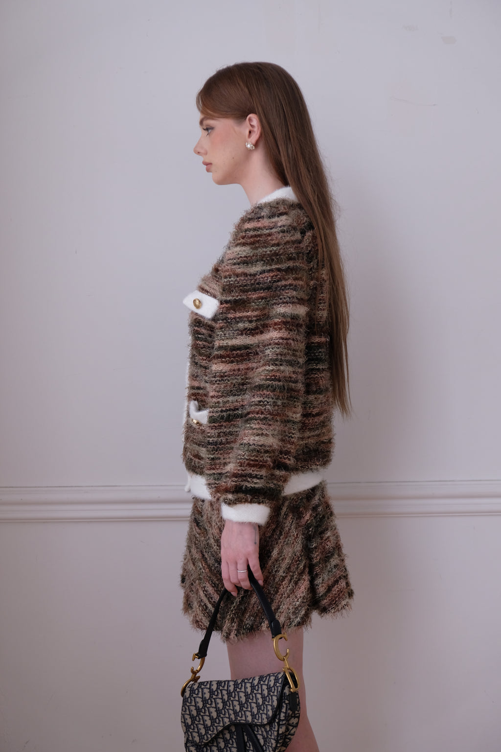 Caroline Cardigan with Mini Circle Skirt Set in Pink with White Trim