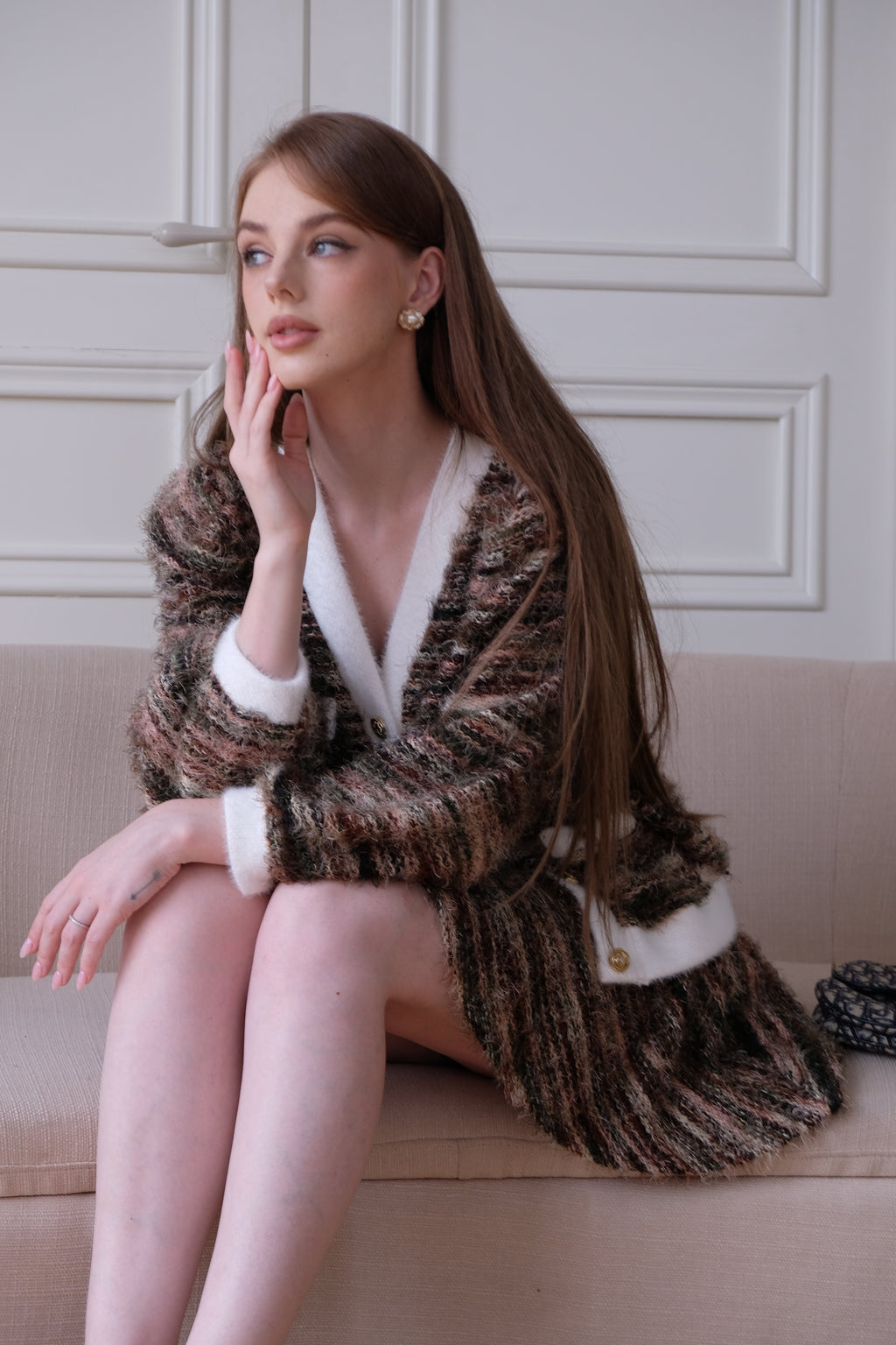 Caroline Cardigan with Mini Circle Skirt Set in Pink with White Trim