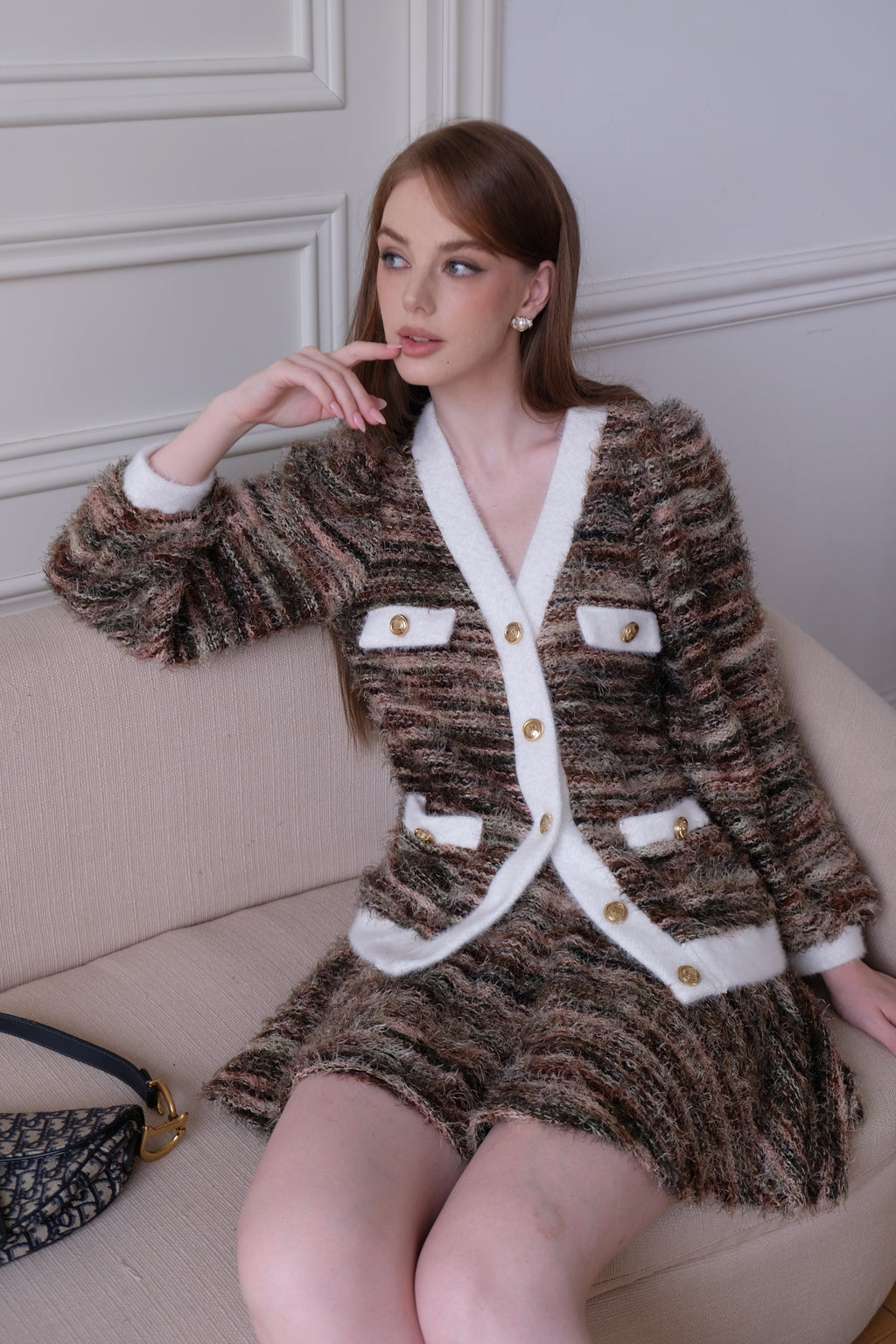 Caroline Cardigan with Mini Circle Skirt Set in Pink with White Trim
