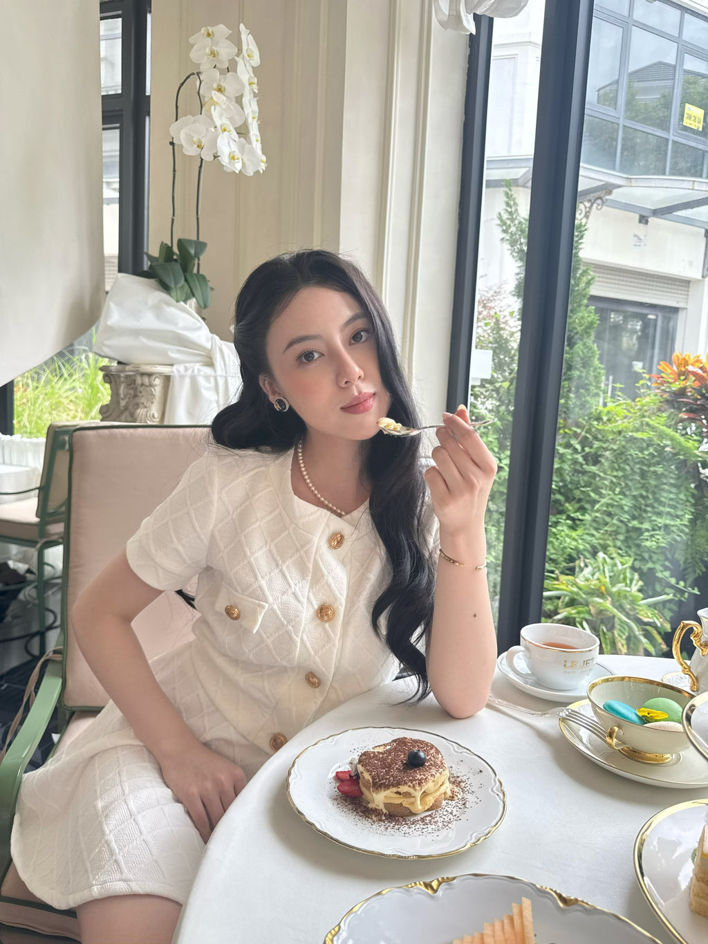 Caroline Set Cream by Tiffany Studio — cream, upper body at a tea table