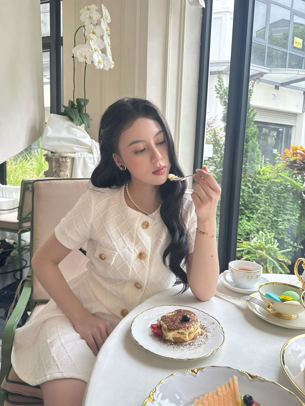 Caroline Set Cream by Tiffany Studio — cream, seated with a dessert