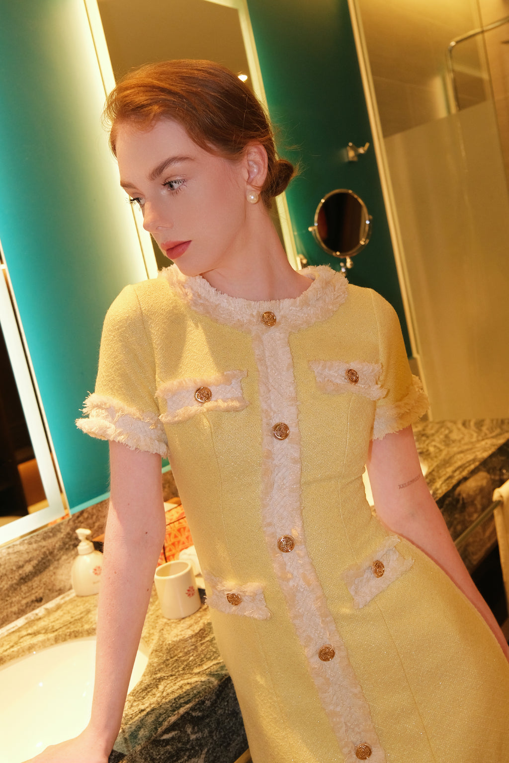 Vivienne Dress by Tiffany Studio — yellow, upper body at a mirror