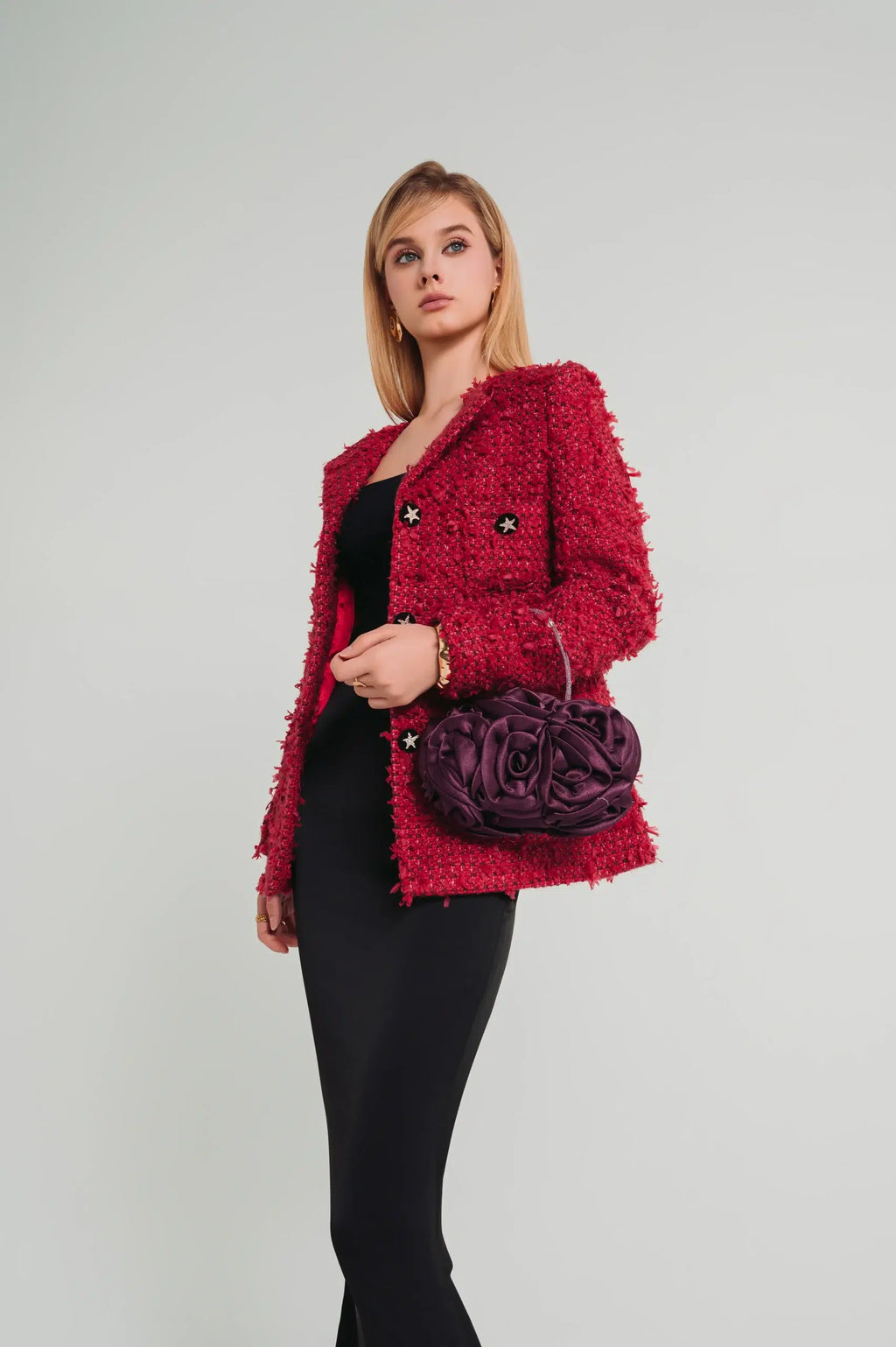 Rose Jacket by Tiffany Studio — red, front view with a bag