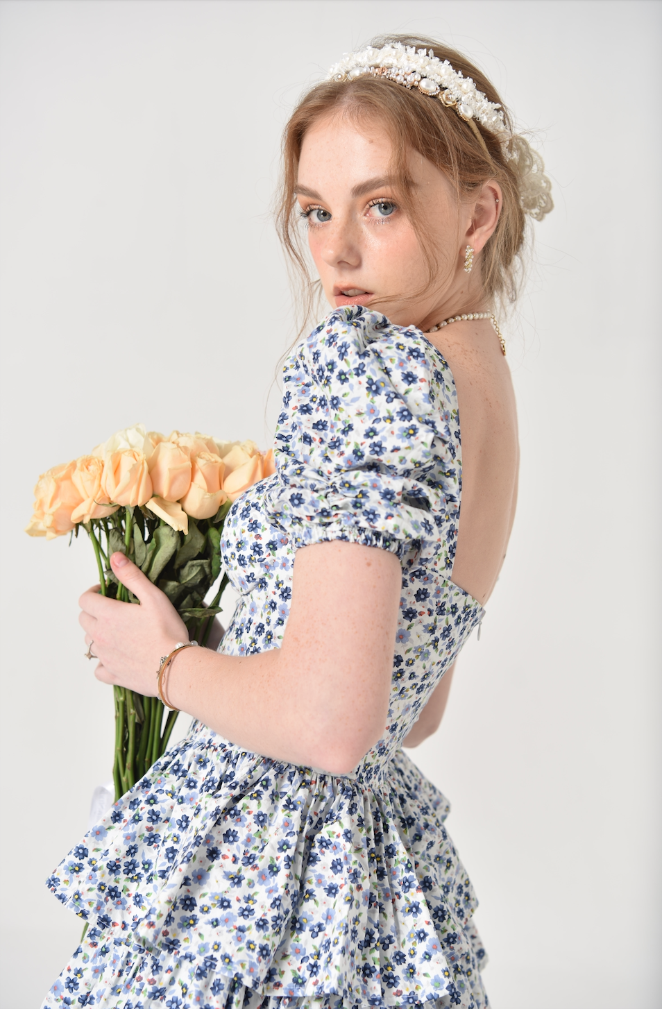 Dose Dress, Blue Thunbergia by Tiffany Studio — blue floral, side view with tiered skirt