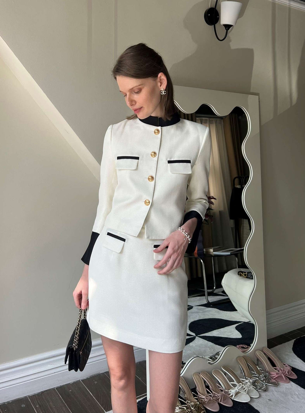 Alexandra Set by Tiffany Studio — cream with black trim, three-quarter view