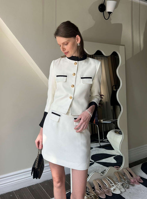 Alexandra Set by Tiffany Studio — cream with black trim, three-quarter view