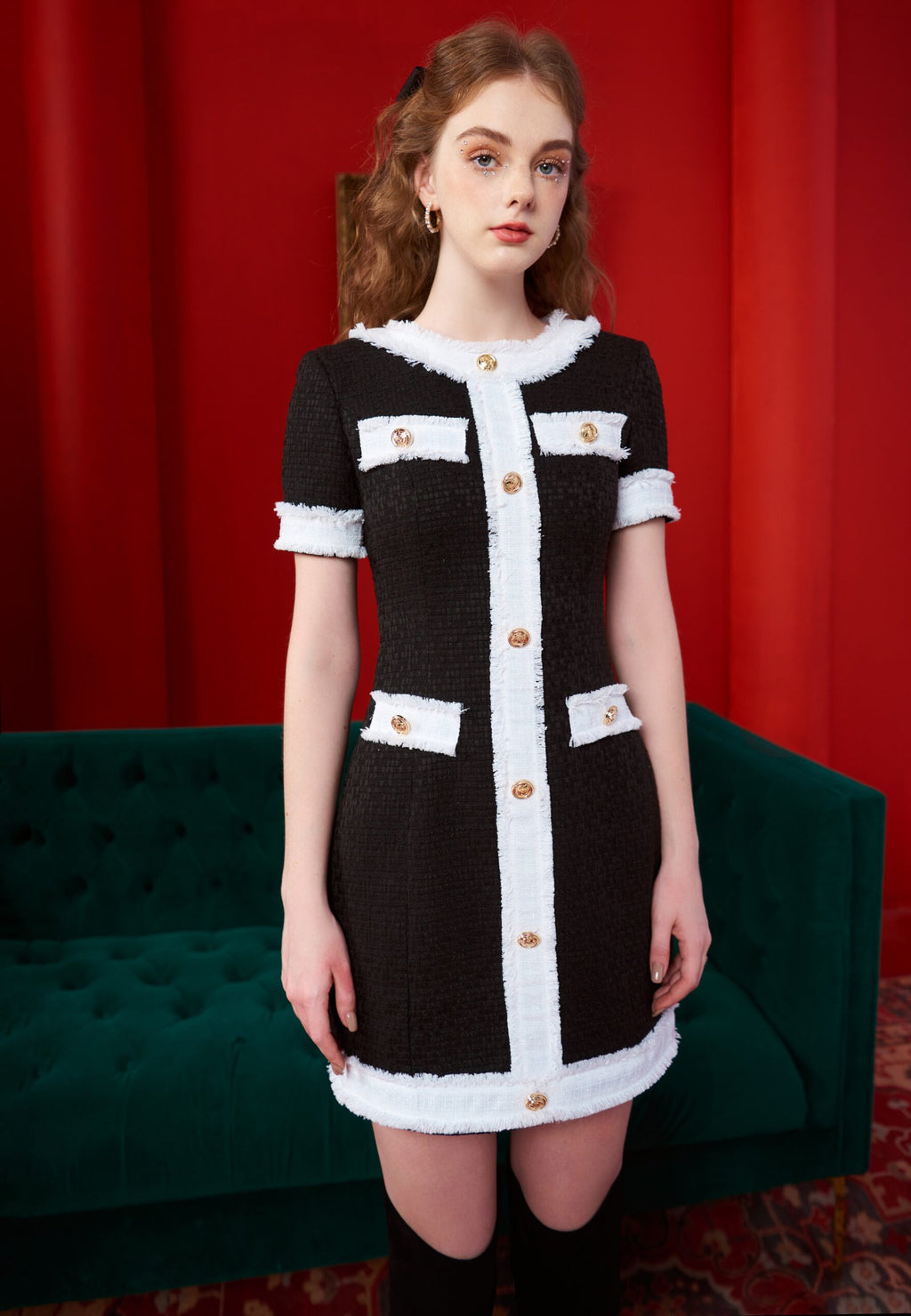 Vivienne Tweed Dress by Tiffany Studio — black with white trim, full length, front