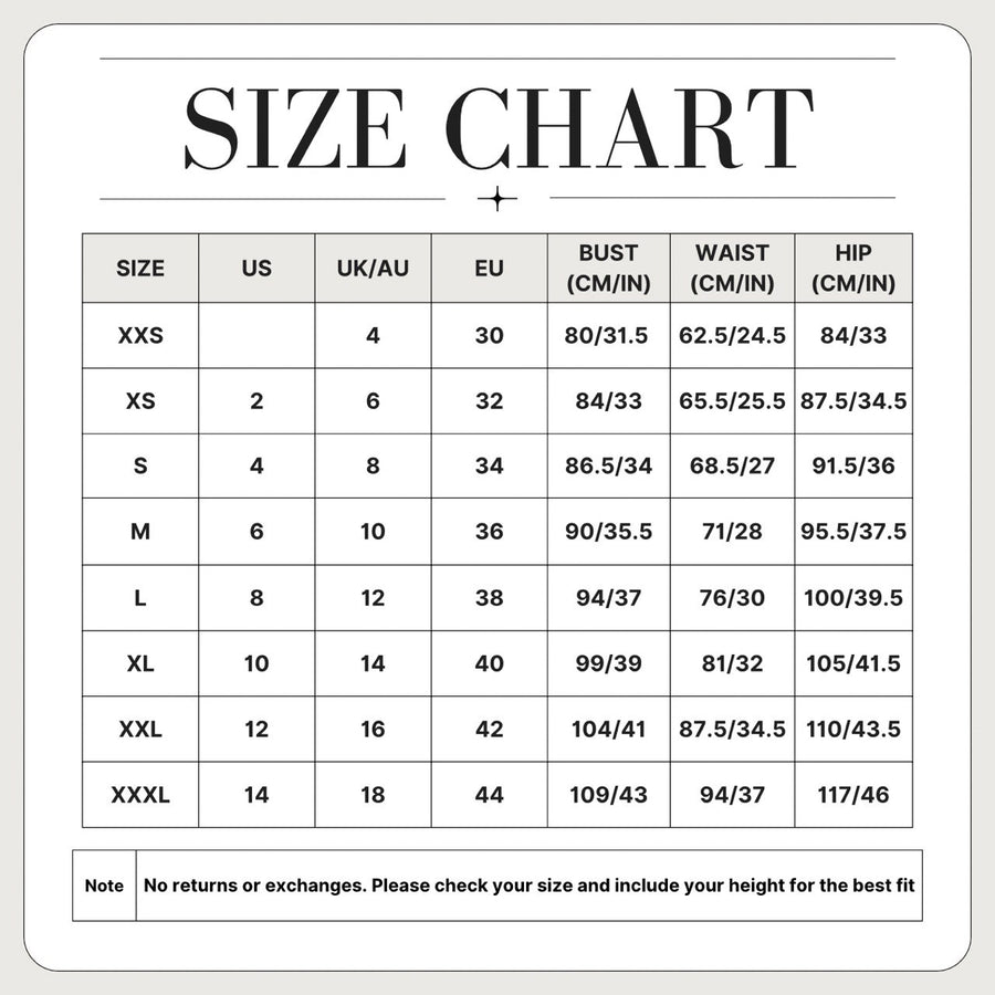 Size chart: XXS to XXXL with US, UK/AU and EU equivalents and bust, waist and hip measurements in centimetres and inches.